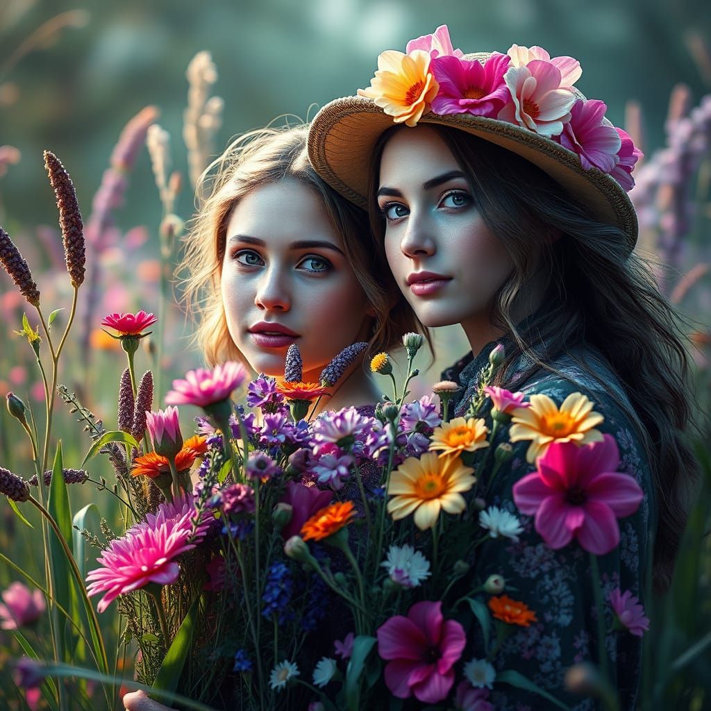 Mother and Daughter Pick Wildflowers in a Vibrant Meadow