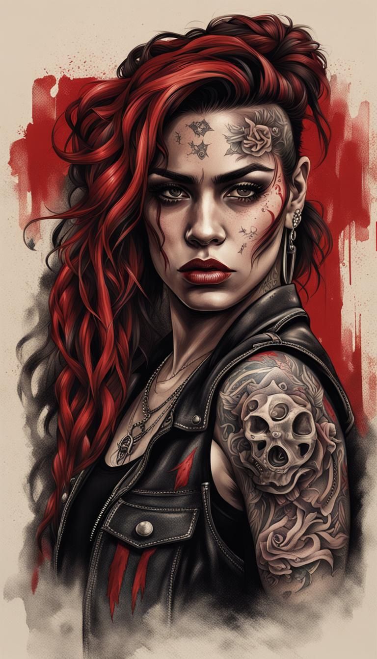 Strong Woman with Tattoos and Red Streaks