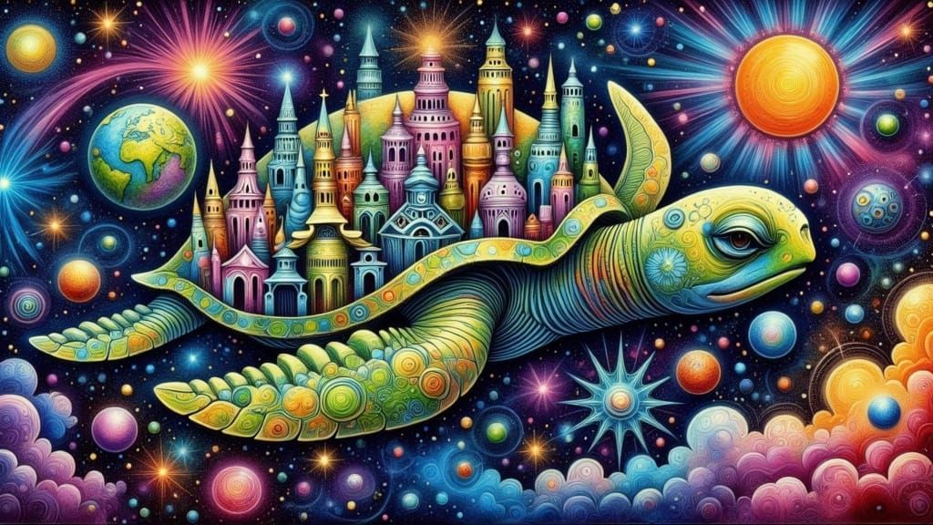 Surreal Cosmic Turtle in Alcoholic Ink Style