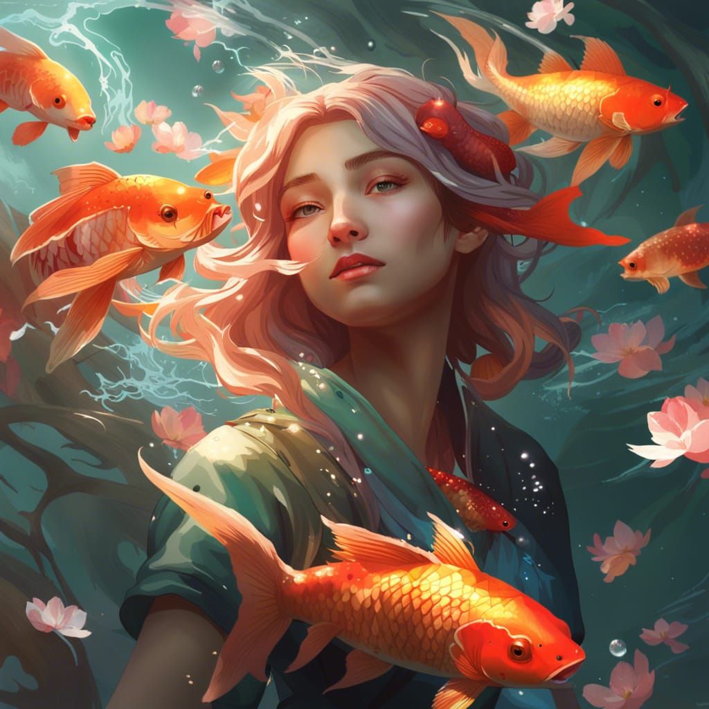 Fairy with Koi Fish: Hyperdetailed Concept Art