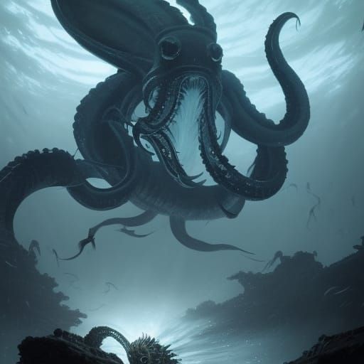 Menacing Kraken Attacks Town at Night