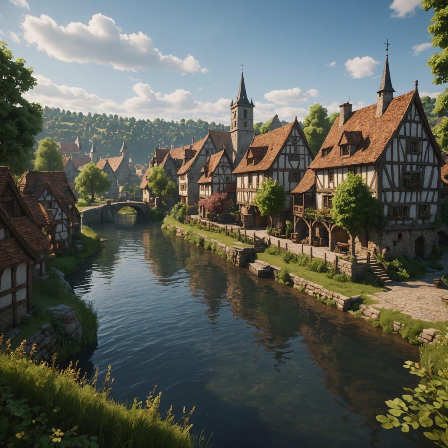 Medieval Town on River with Harbor in 3D