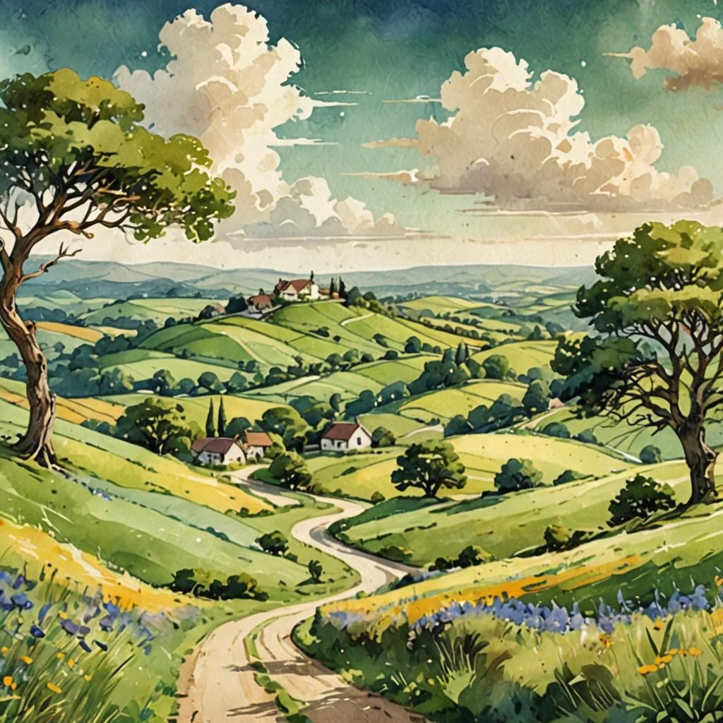 Charming Shire Landscape in Retro Travel Poster Style