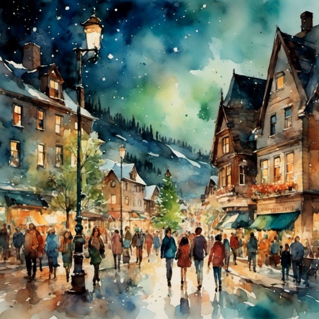 Banff Canada Main Street at Night in Watercolor