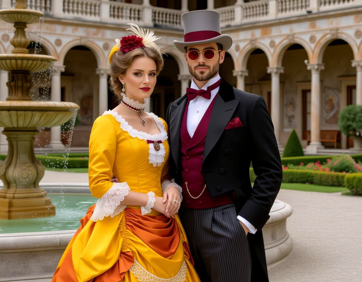 Elegant Victorian Couple in Opulent Outdoor Setting