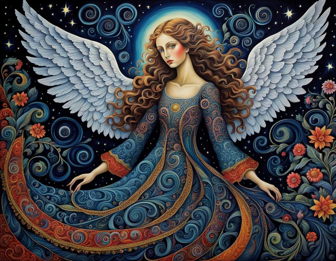 Eerie Night Angel with Intricate Folk Art Designs