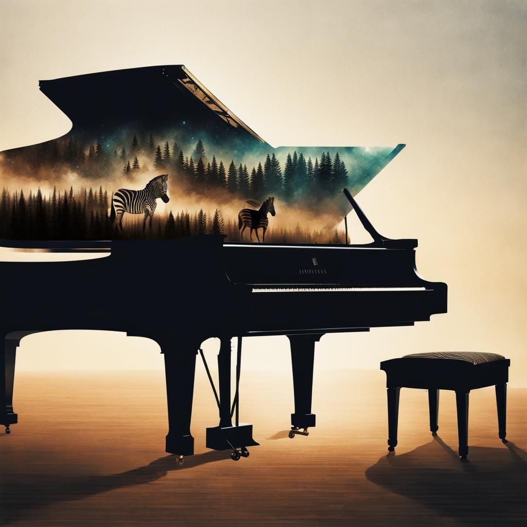 Zebra and Piano Silhouette Double Exposure Art