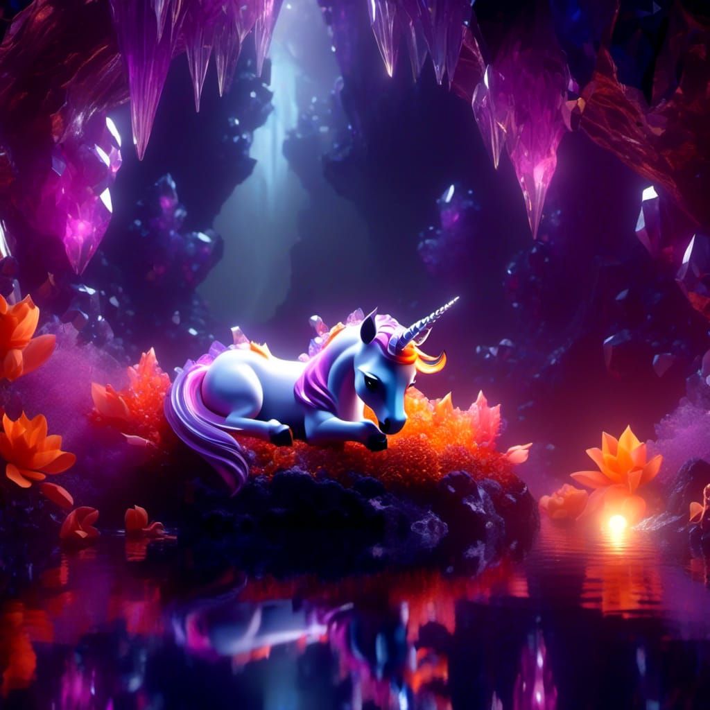 Crystal Unicorn Sleeping in Mystic Cave