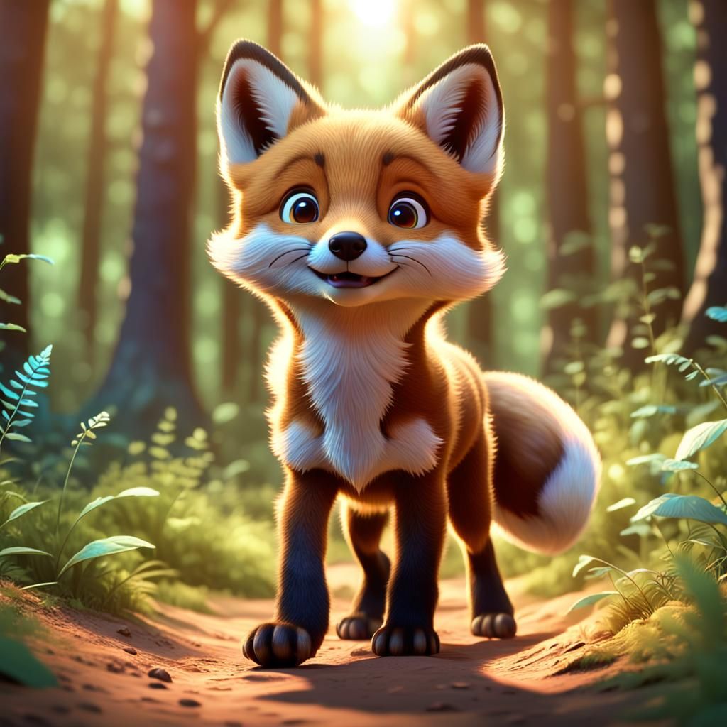 Cute Fox Puppy in Summer Forest: 3D Digital Art