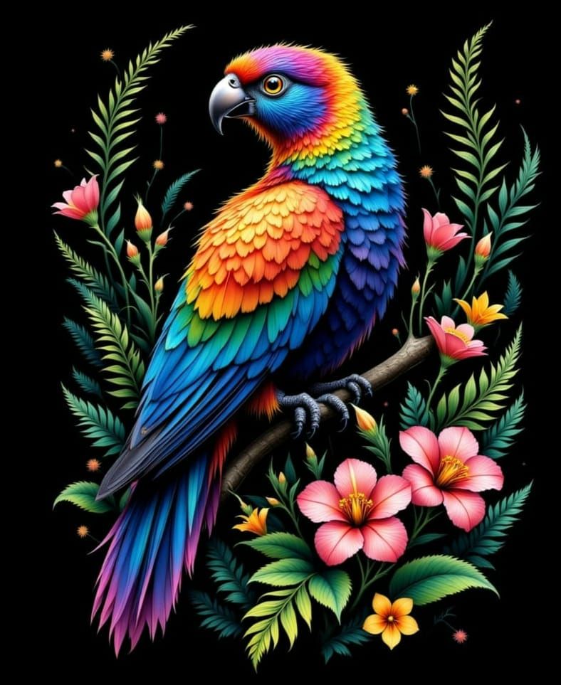 Iridescent Parrot in Jungle Illustration