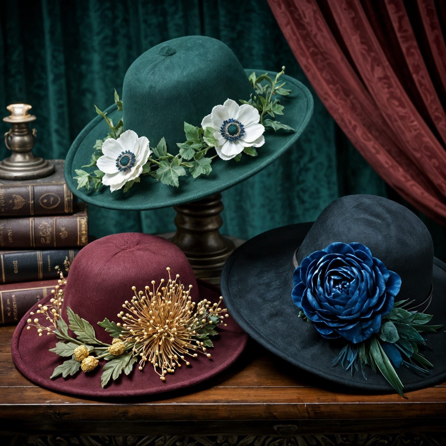 Elegant Floral Hats in Dark Academia Style