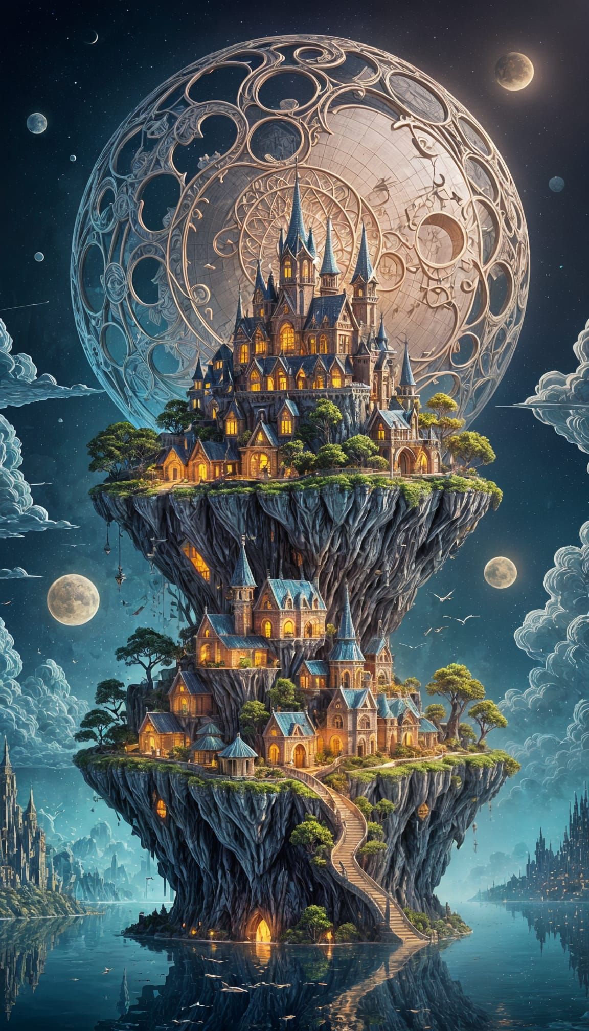 Moonlit Floating Island Architectural Sketches