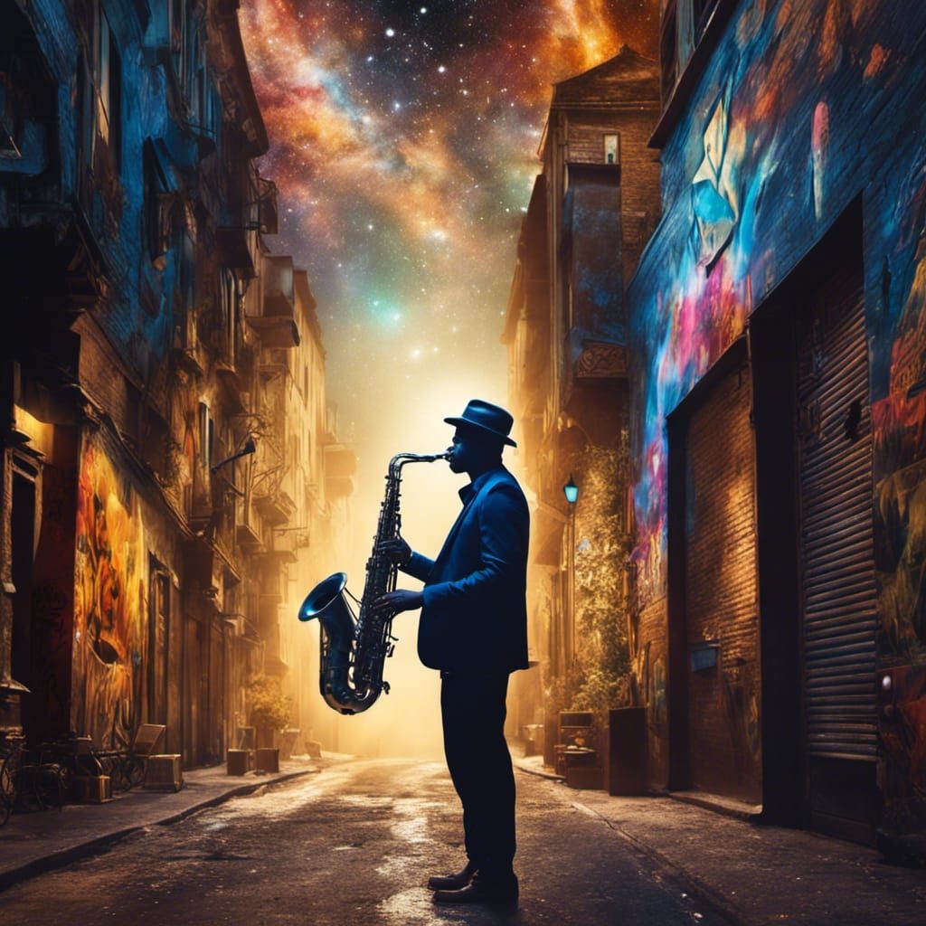 Saxophone Player in Starry Universe: Graffiti Art