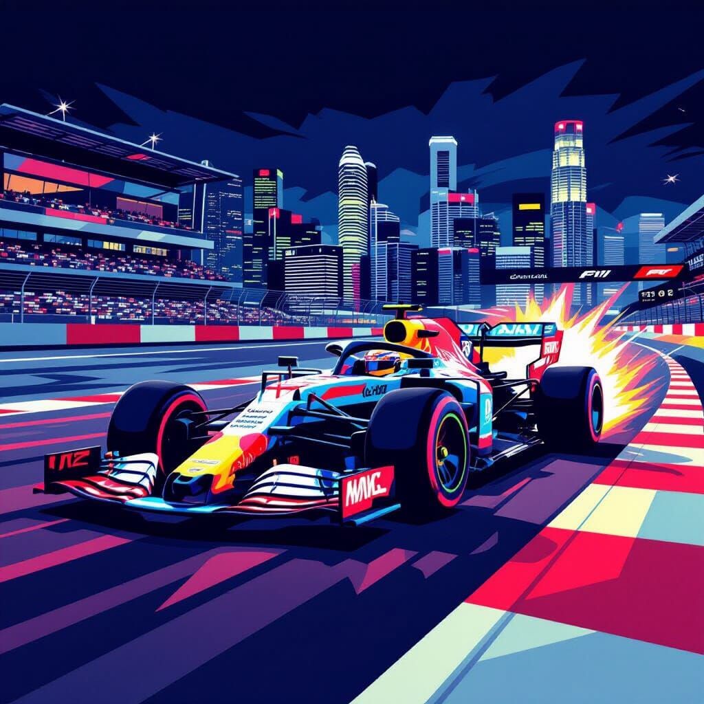 Abstract Neon Red Lego F1 Car on Singapore Track