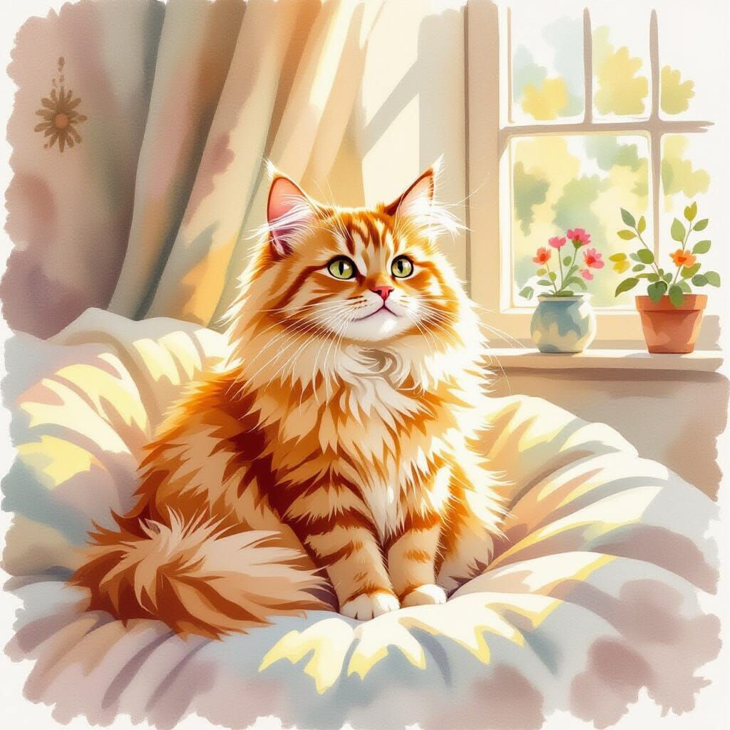 Fluffy Orange Cat in Watercolour Style