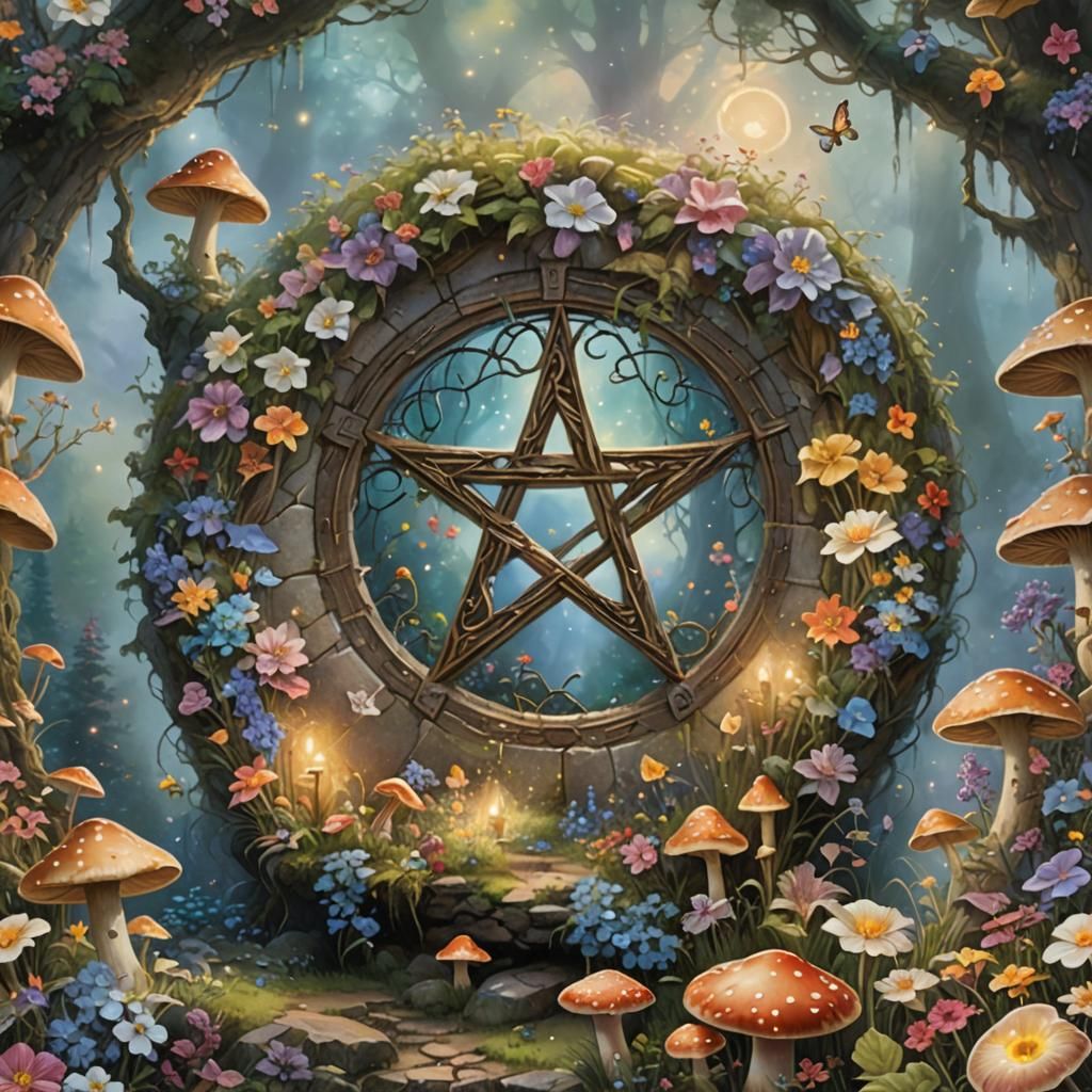 Ethereal Pentacle with Flowers and Mushrooms