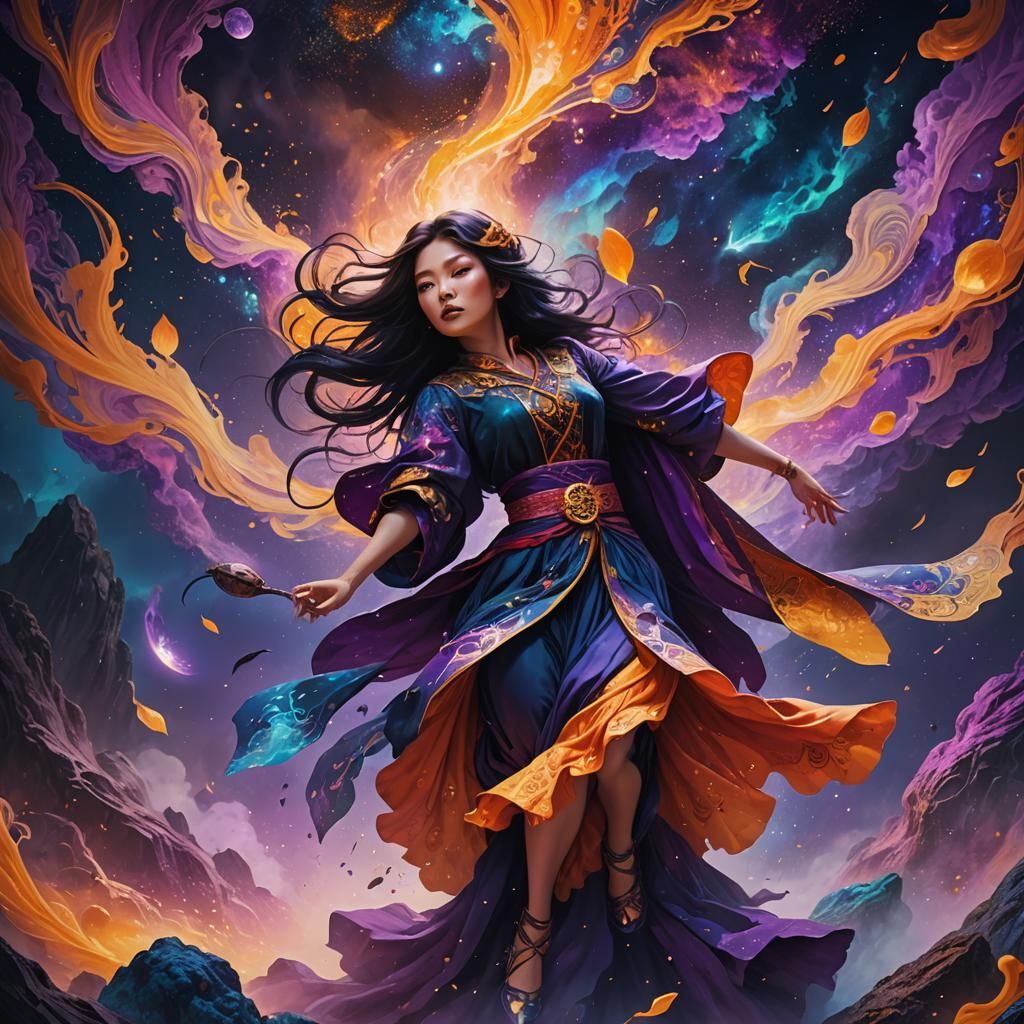 Asian Witch's Cosmic Descent in Surreal Fantasy Art