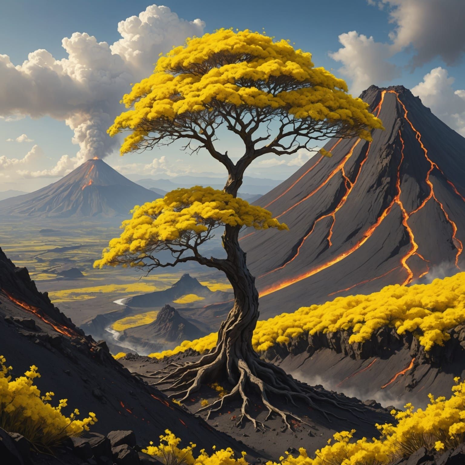 Tree Blossoms on Volcano in Hyperrealistic Splash Art