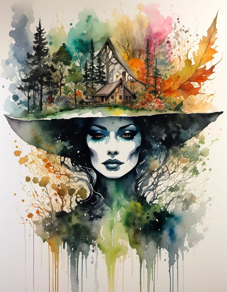 Watercolor Witch Portrait with Forestpunk Elements
