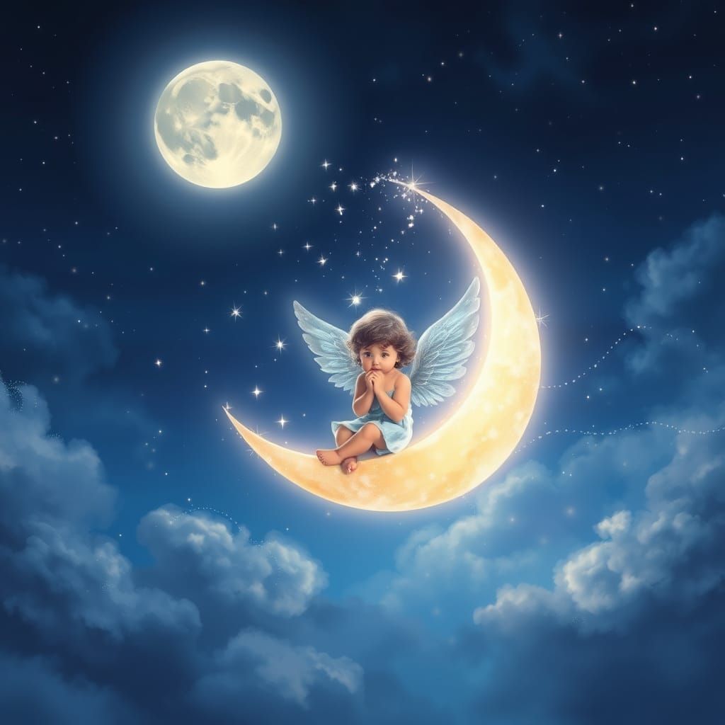 Angel Creates Stars on Crescent Moon in Deep Blue Sky
