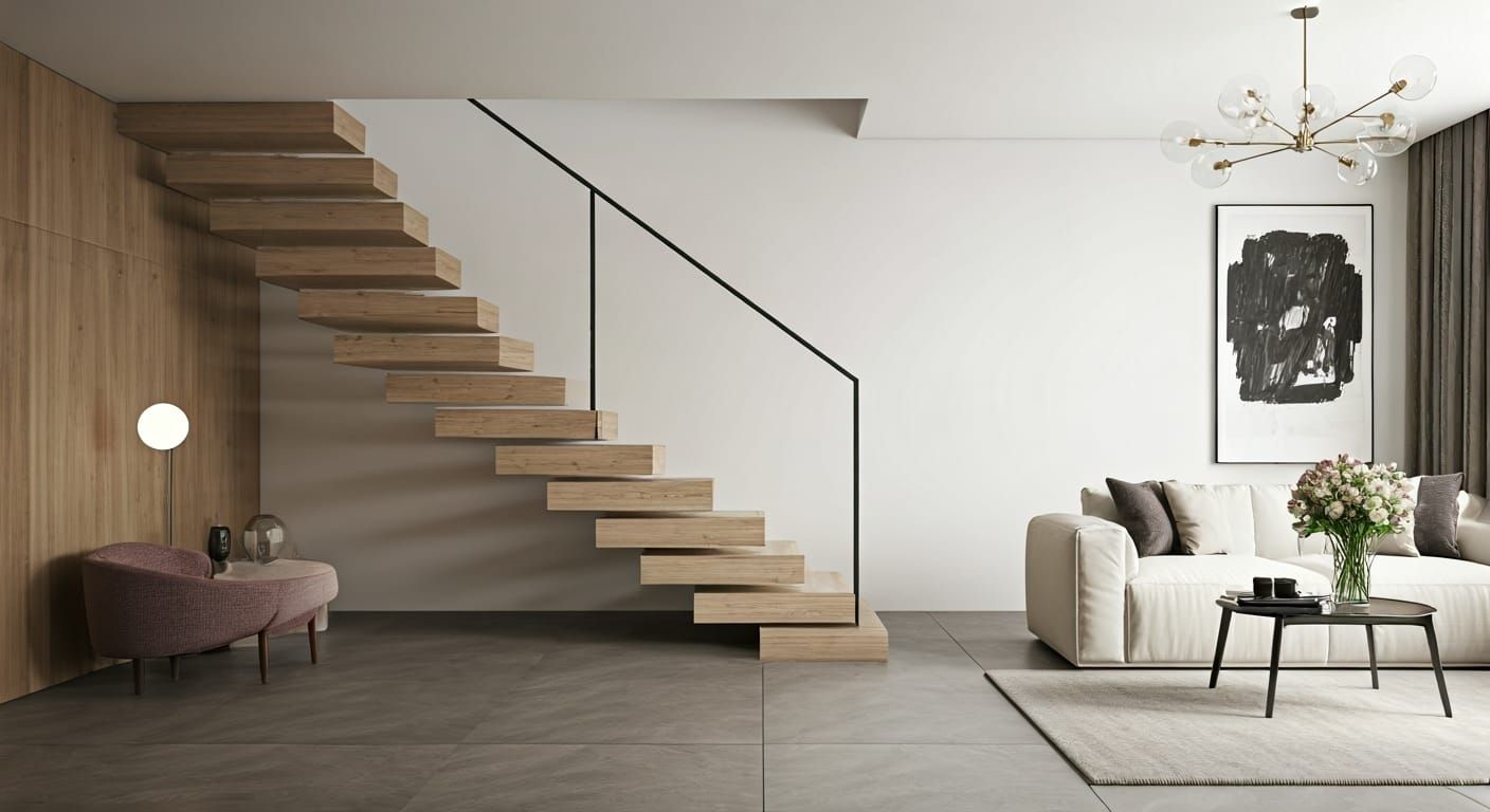Minimalist Living Space with Floating Staircase