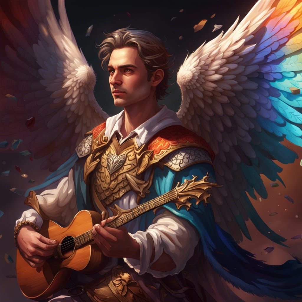 Aasimar Bard with Angel Wings in Splash Art Style