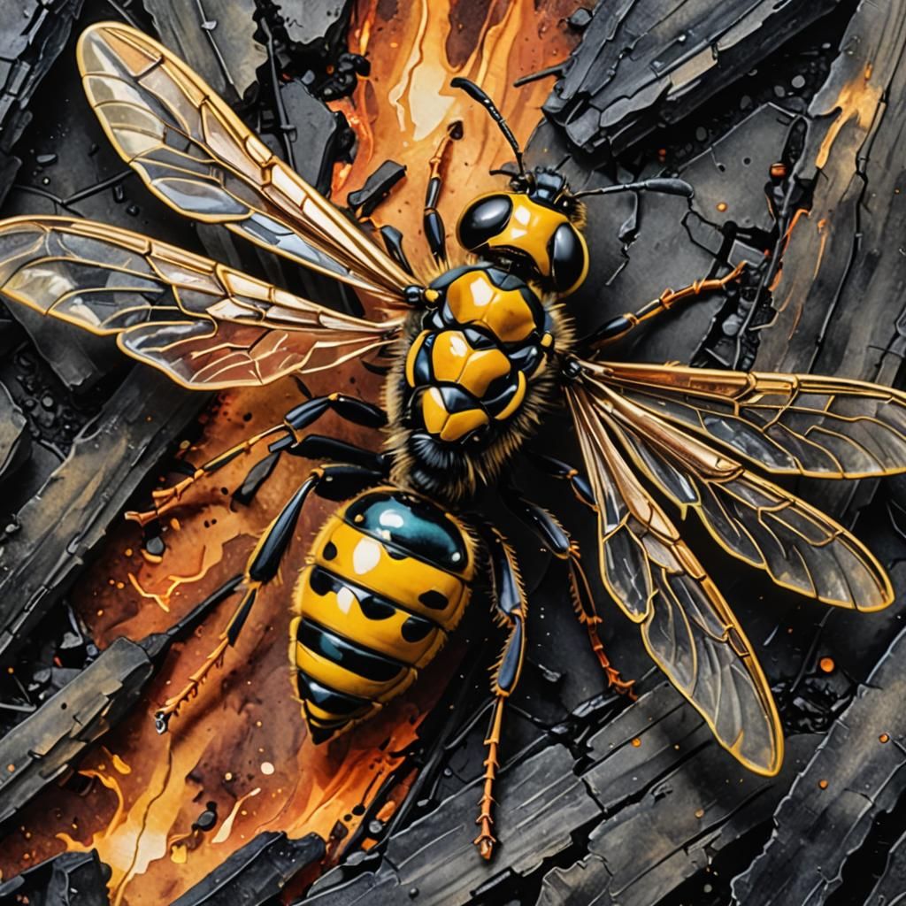 Majestic Wasp on Charred Wasteland: Art Deco Watercolor