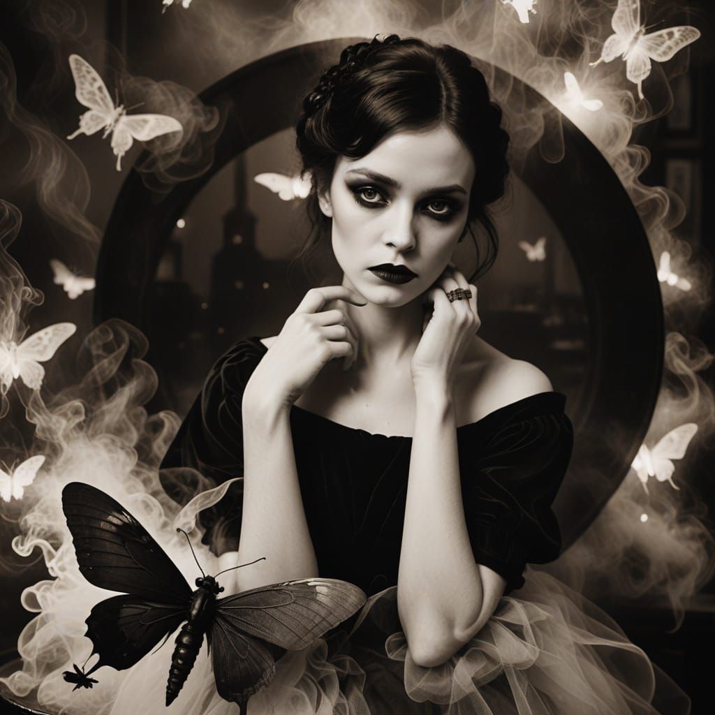 Ethereal Gothic Figure Enveloped by Swirling Insects in a Di...