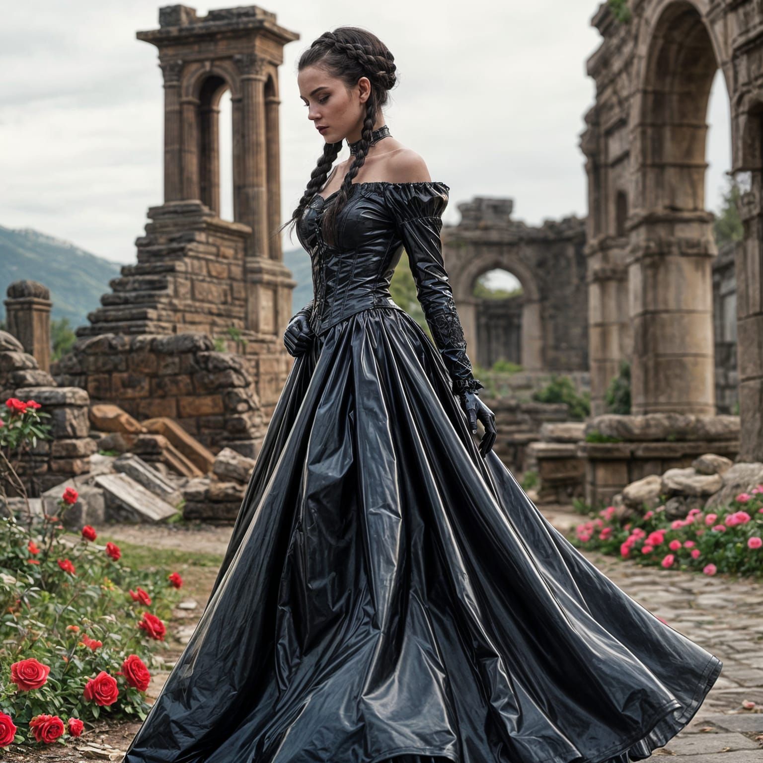 Victorian Woman in Latex Dress Among Ruins