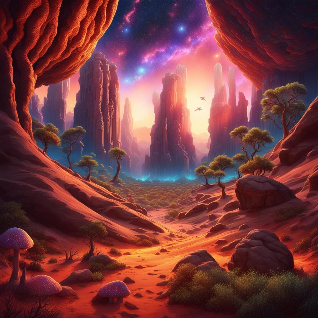 Venusian Landscape with Sweeping Desert Forest, Digital Pain...