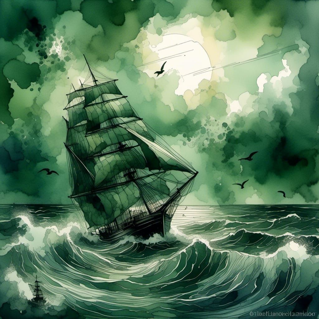 Abandoned Sailboat on Choppy Sea in Digi-Ink Style