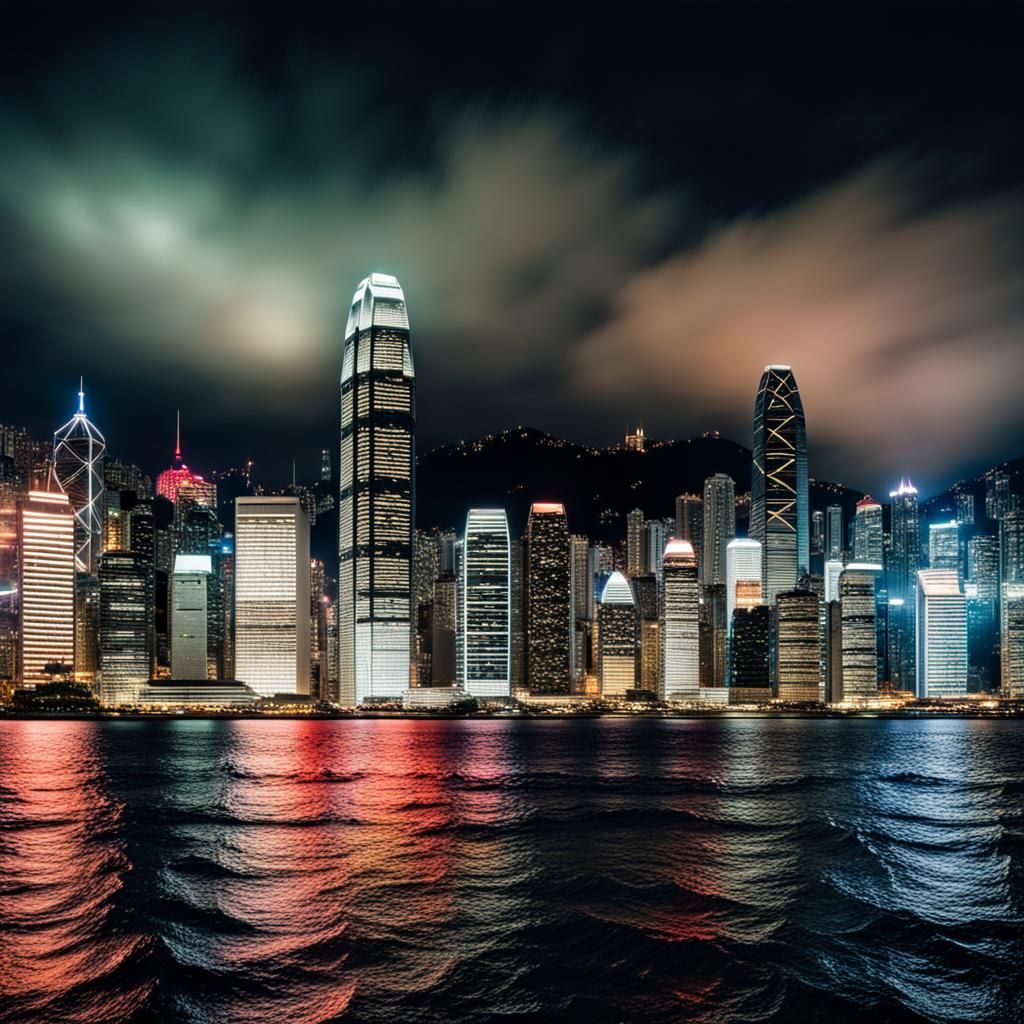 Hong Kong Skyline at Night: Hyperrealistic City Glow