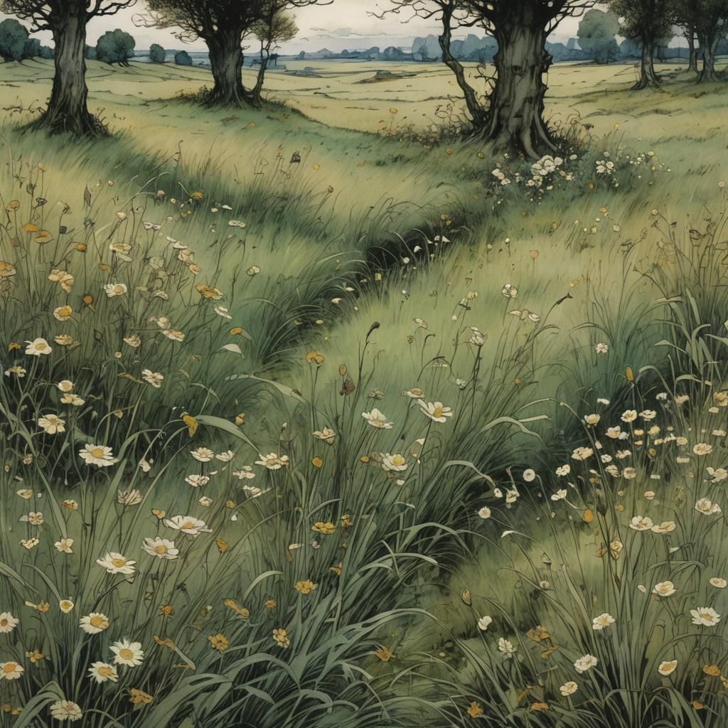 Grassy Meadow in Arthur Rackham Style