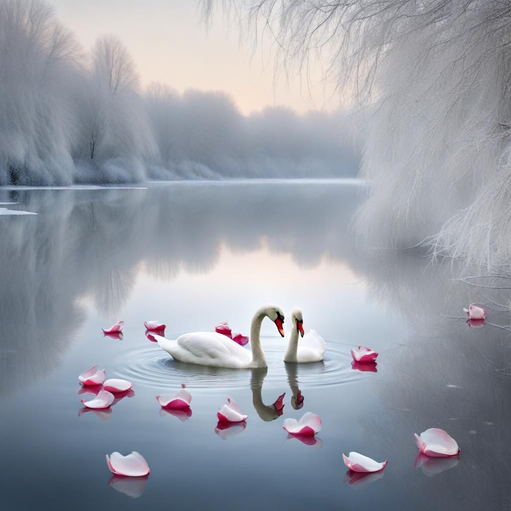 Winter Lake: Rose Petals and Snow-White Swans