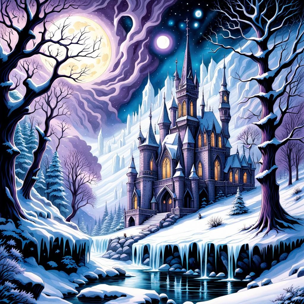 Gothic Winter Landscape in Watercolor Style