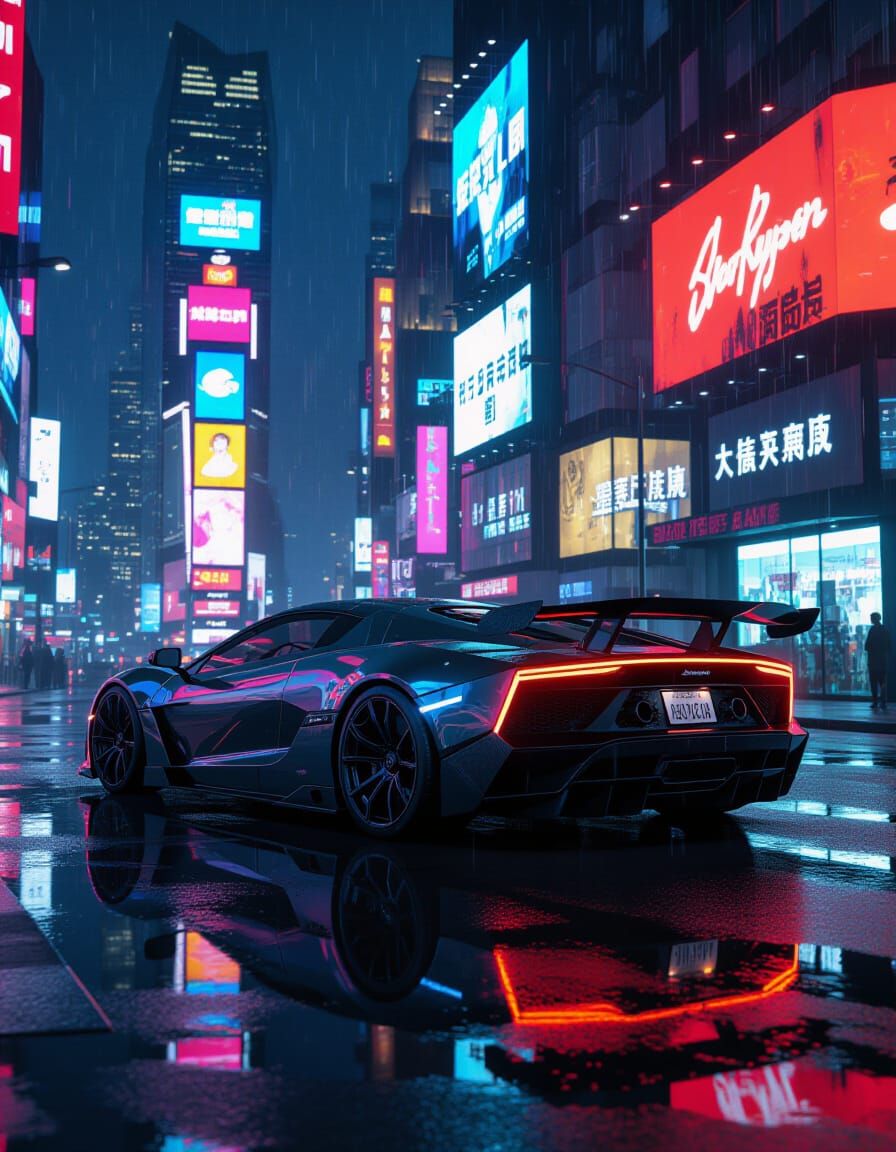 Cyberpunk Supercar on Wet City Street at Night
