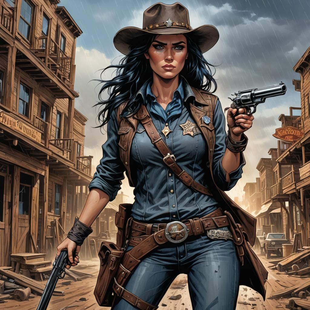 Gritty Western Huntress in Rainy Town, Comic Art