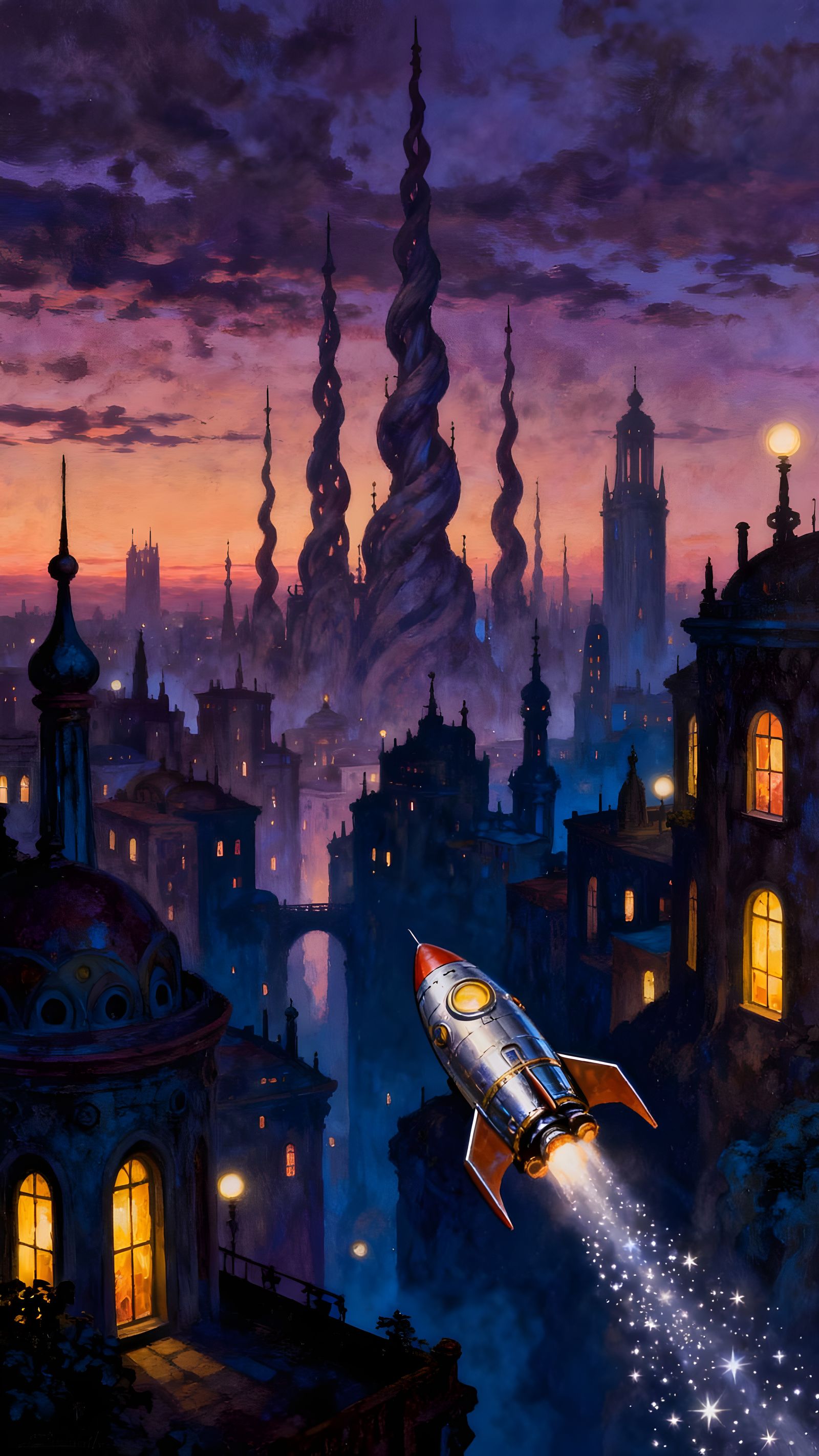 Fantasy City Spires Hovering Rocket Ship at Twilight