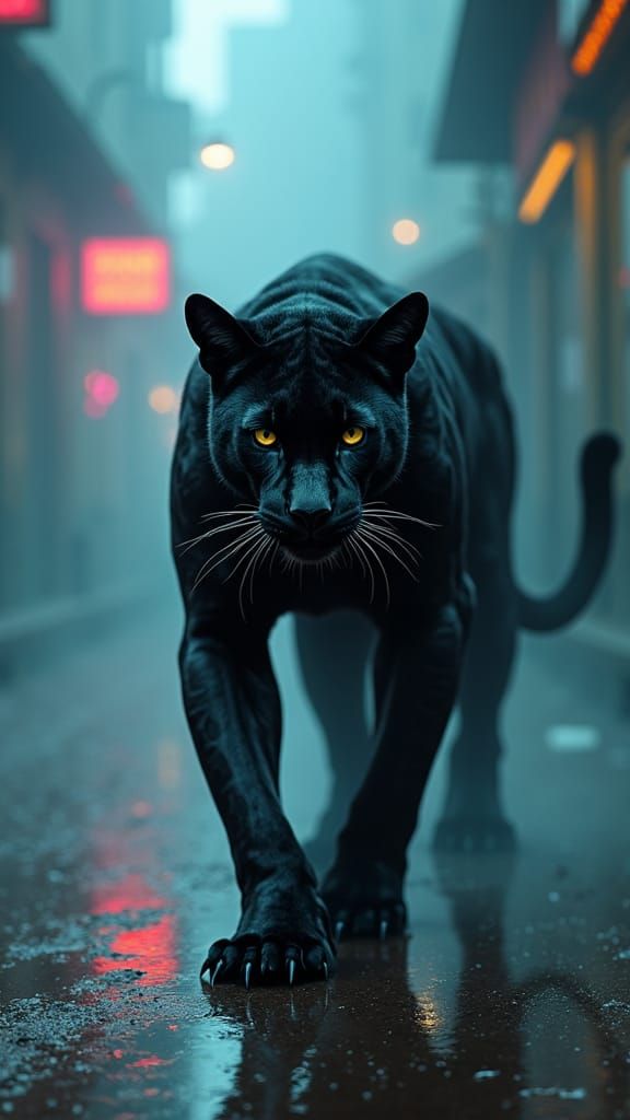 Black Panther Assassin with Tattoos in Foggy City