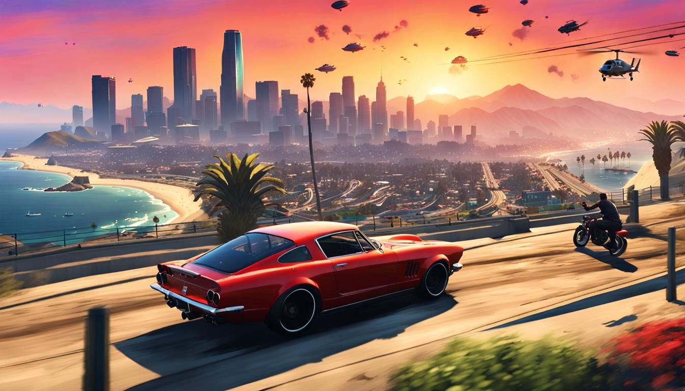 In the vibrant, stylized world of GTA 5, ,in the background, the city of los santos not far from monica beach, with spor...