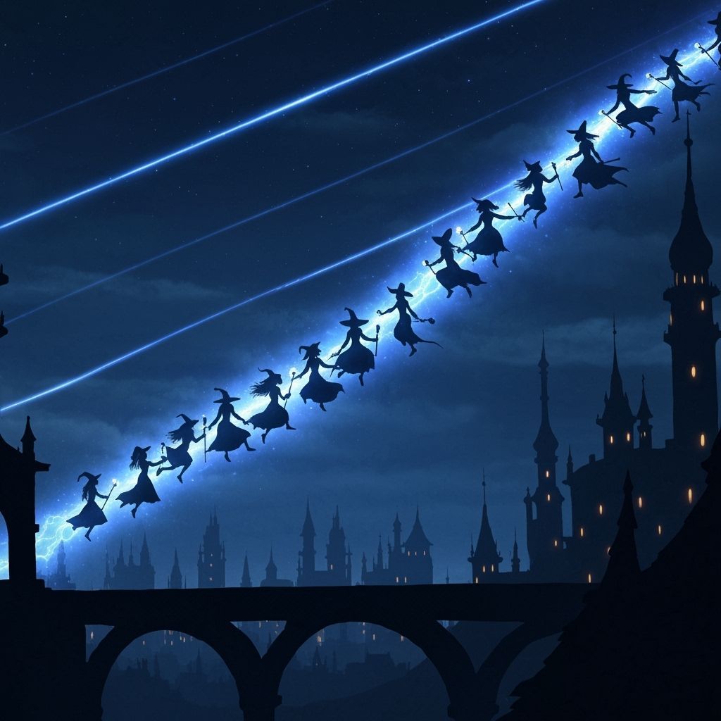 Witches Flying Above Fantastical City in Ethereal Glow