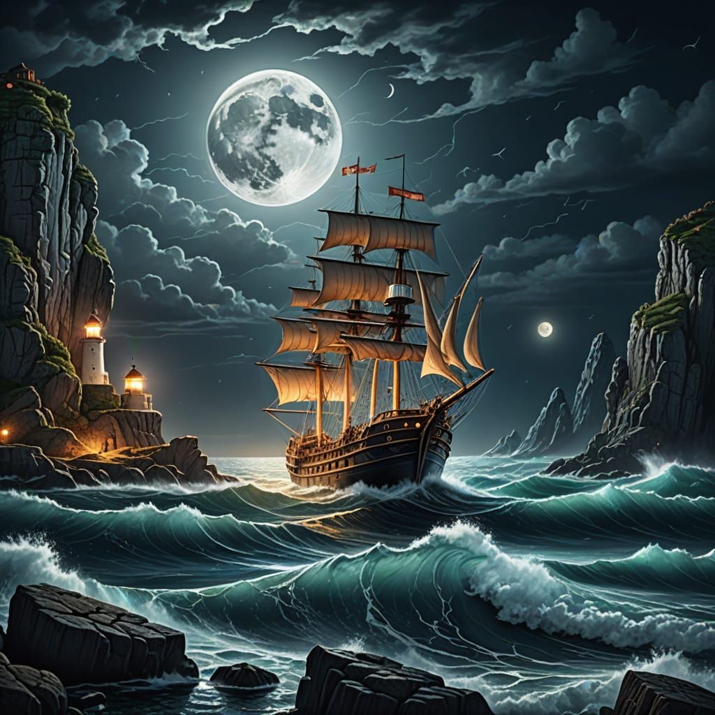 Roman Ship Sails Stormy Seas: Astral Cosmic Illustration