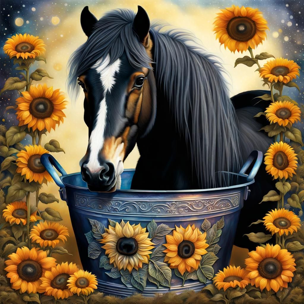 Iridescent 3D Pony Portrait with Sunflowers