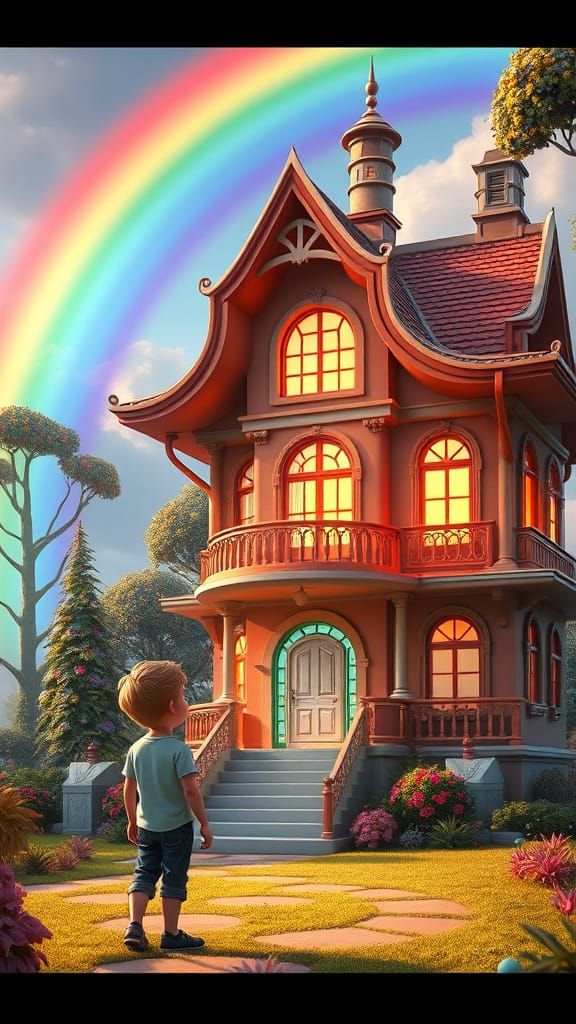 Whimsical 3D House and Rainbow with Boy