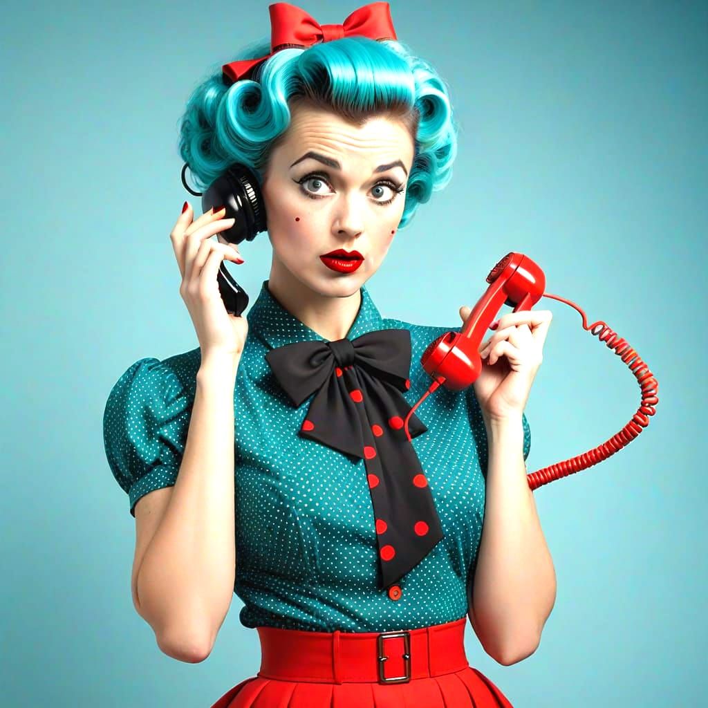Frustrated Woman in Retro Outfit with Vintage Phone