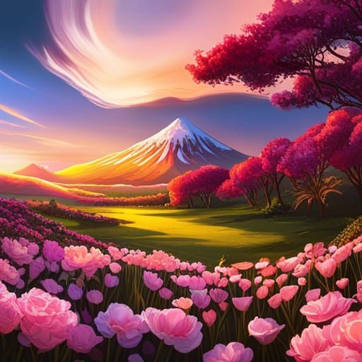 Volcano Sunset Over Blossoming Garden in Hyperdetailed Style