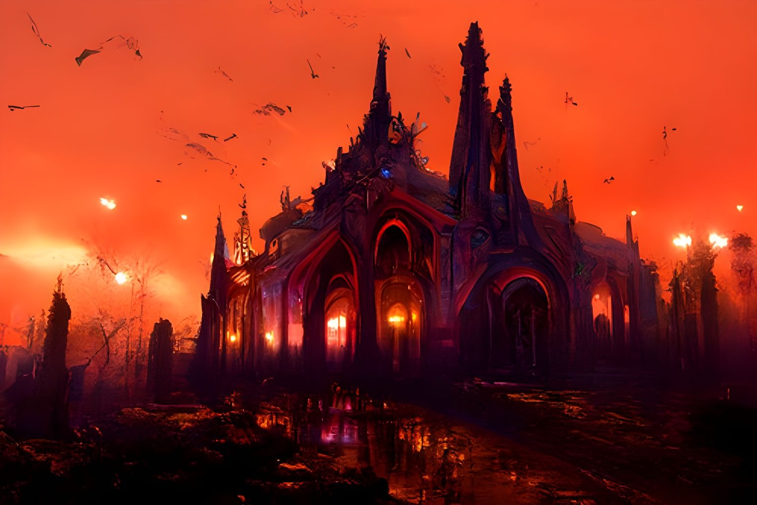 Enigmatic and beautiful painting of an elaborate evil cathedral at night, by Rudolph Zirn, Arnold Bocklin, Yue Minjun, M...
