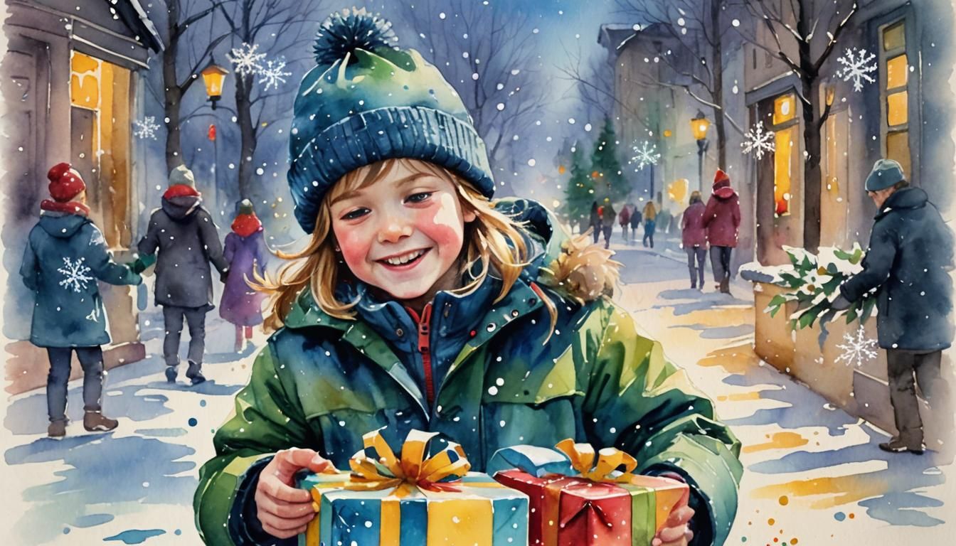 Child Opening Gift in Watercolor Winter Wonderland