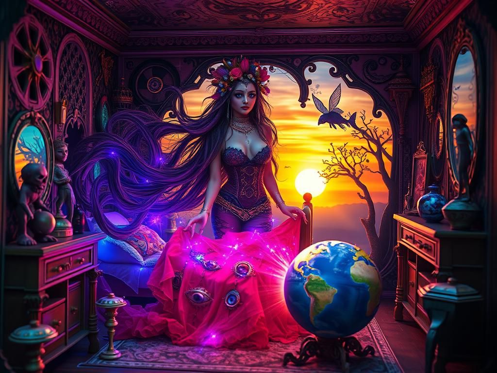 Gothic Woman in Surreal Dollhouse: 8K Digital Bio Art