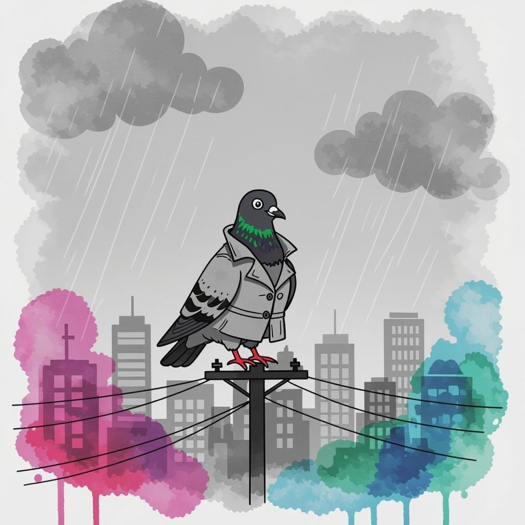 Cartoon Pigeon Detective in Watercolor Vignette